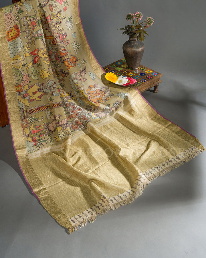 Cream & Gold Village Festival Kalamkari Kanchivaram Silk Saree