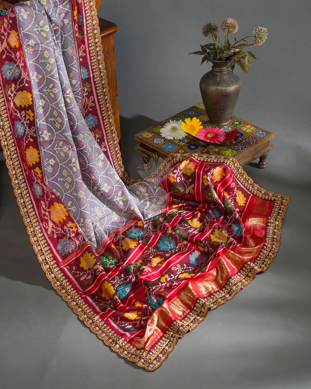 Lavender & Maroon Hand Embroidered Border Ikat Silk Saree