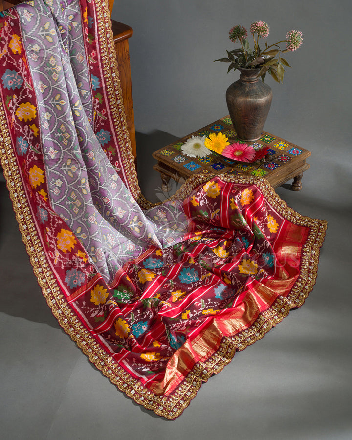 Lavender & Maroon Hand Embroidered Border Ikat Silk Saree
