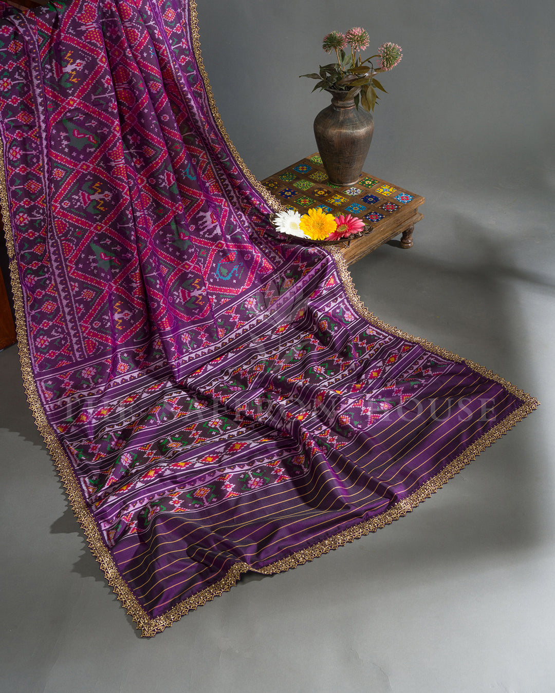 Purple Hand Embroidered Border Ikat Silk Saree