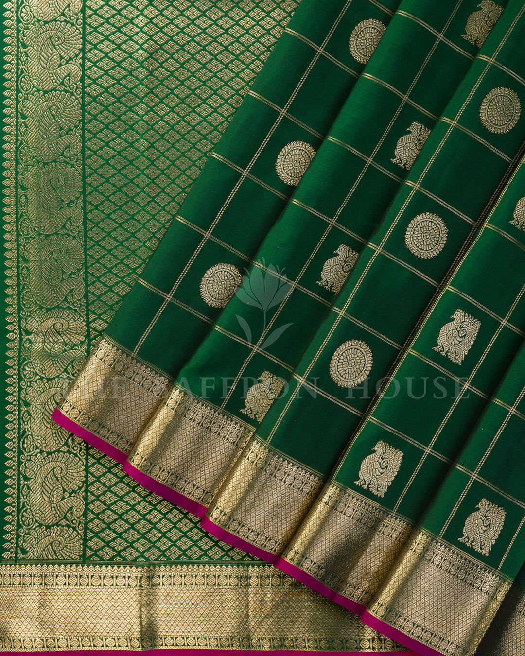 Bottle Green Kanchivaram Silk Saree with Zari Checks