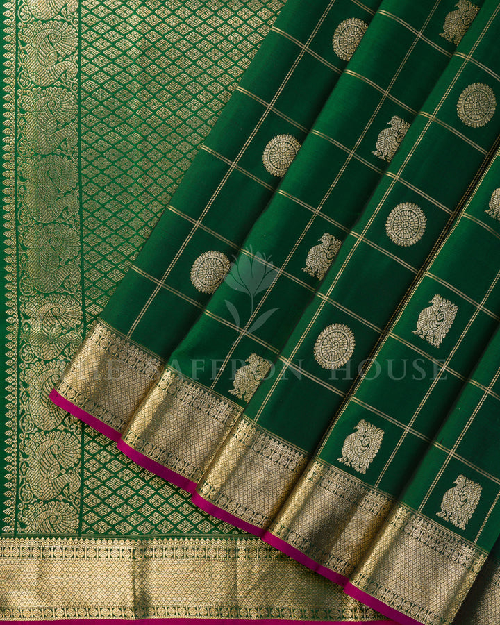 Bottle Green Kanchivaram Silk Saree with Zari Checks