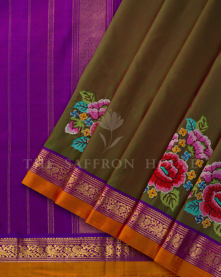 Olive Green & Purple Embroidered Kanchivaram Silk Saree