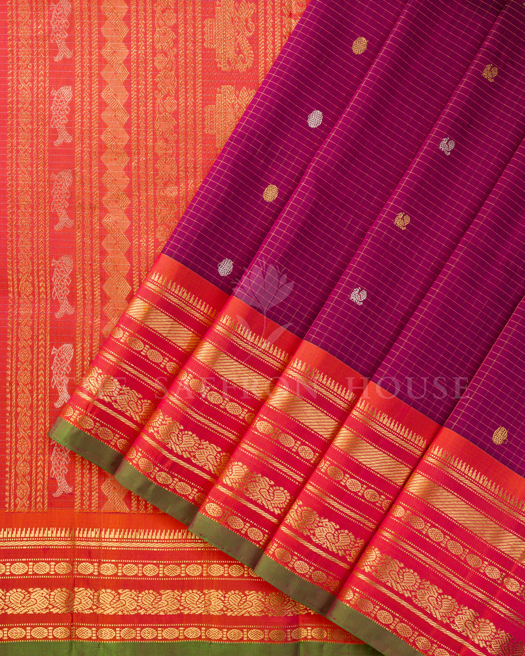 Magenta & Coral Gadwal Silk Saree