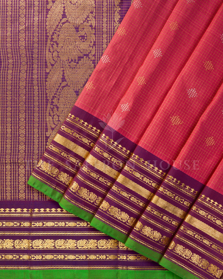 Coral Pink & Purple Gadwal Silk Saree