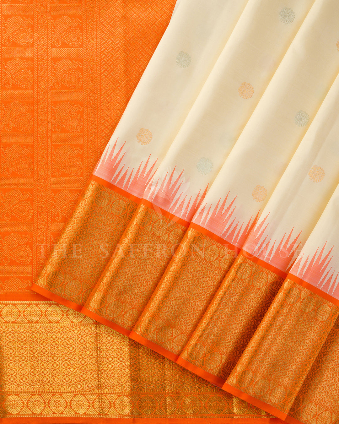 Off-White & Orange Korvai Kanchivaram Silk Saree – view 2