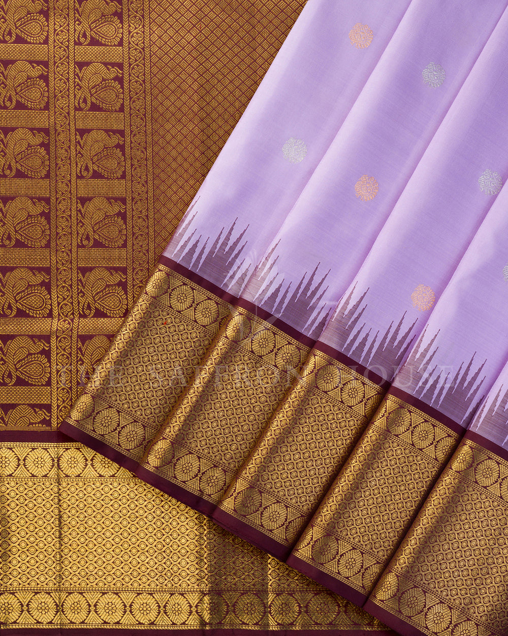 Lavender & Maroon Korvai Kanchivaram Silk Saree with Temple Border – view 2