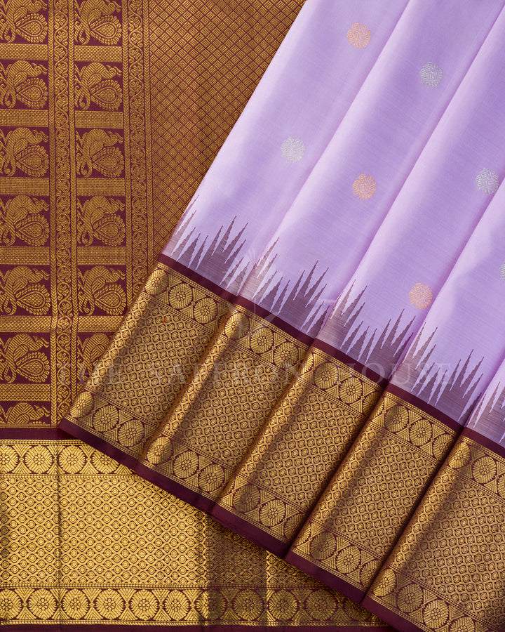 Lavender & Maroon Korvai Kanchivaram Silk Saree with Temple Border – view 2
