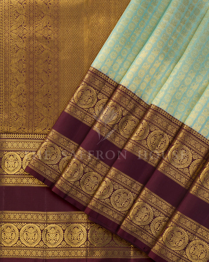 Pastel Green & Maroon Kora Kanchivaram Silk Saree – view 2