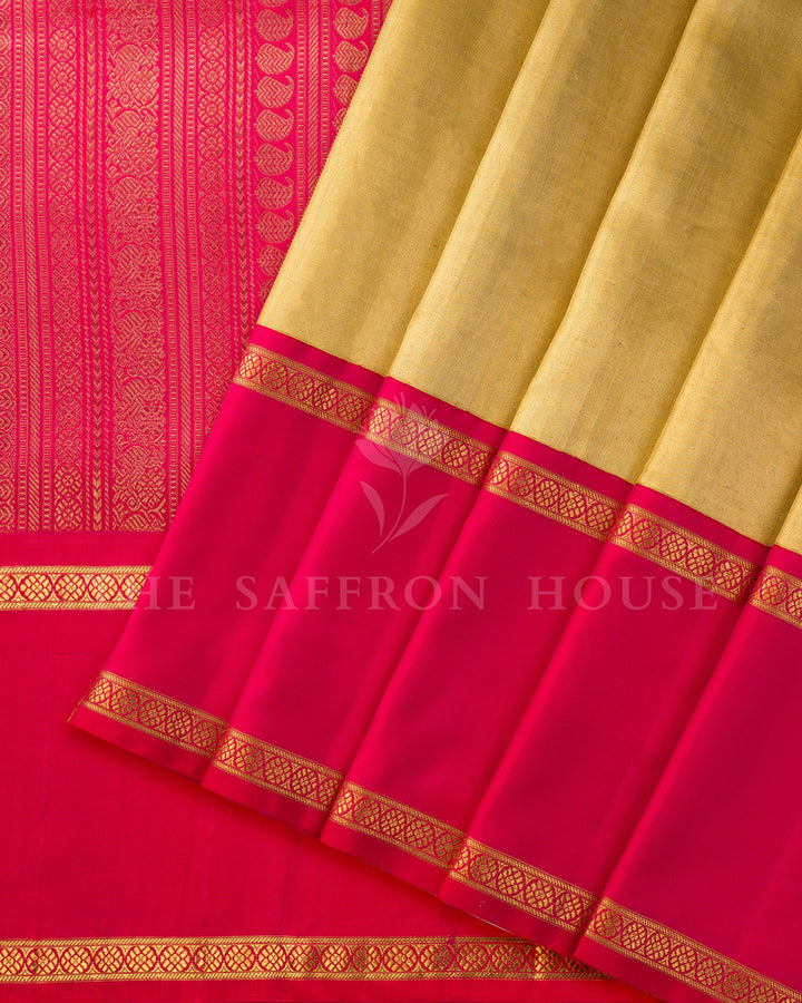 Gold Tissue Kanchivaram Silk Saree with Rani Pink Silk Border – view 2