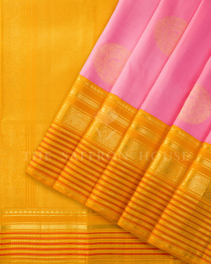 Baby Pink & Mustard Korvai Kanchivaram Silk Saree