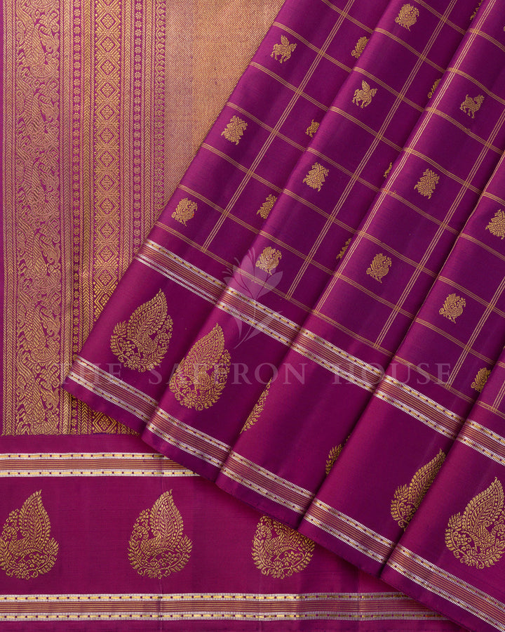 Deep Purple Checked Kanchivaram Silk Saree