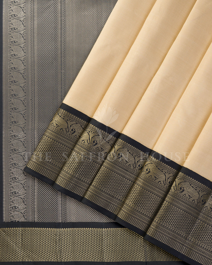Cream & Black Thread Work Kanchivaram Silk Saree