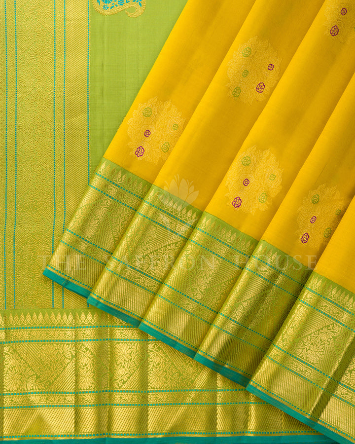 Mustard Yellow & Parrot Green Korvai Kanchivaram Silk Saree