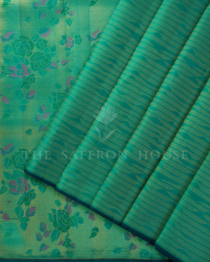Teal Green Kanchivaram Silk Saree with Zari Wave Lines