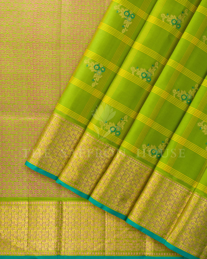 Parrot Green Kanchivaram Silk Saree with Yellow Checks