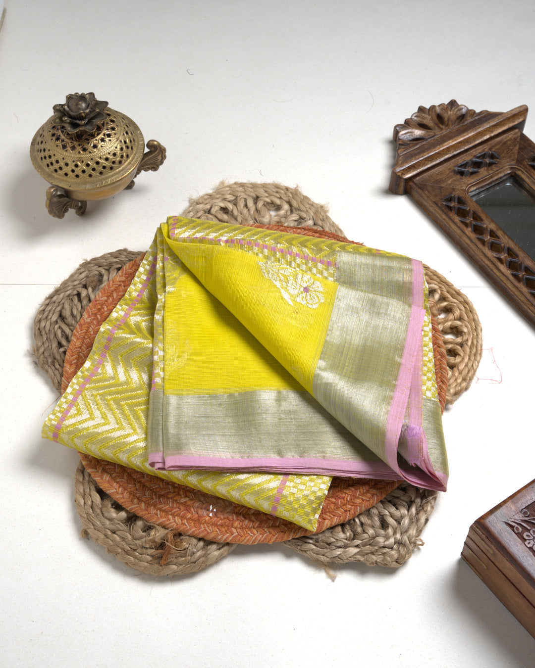Bright Yellow Kota Saree with Silver Zari