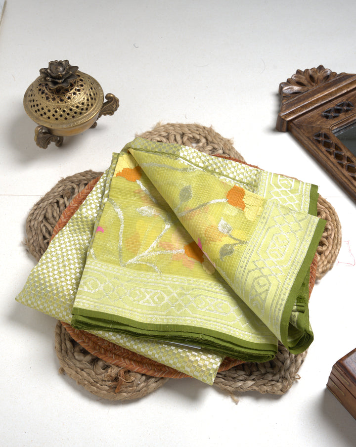 Olive Green Kota Cotton Saree with Multicolor zari