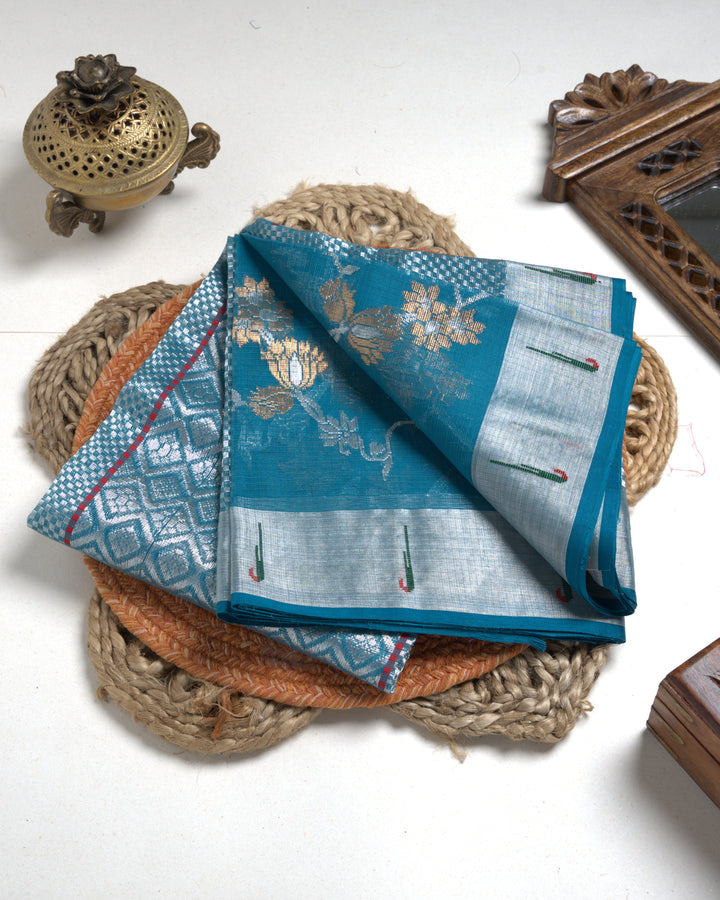 Teal Blue Kota Cotton Saree with Gold-Silver zari