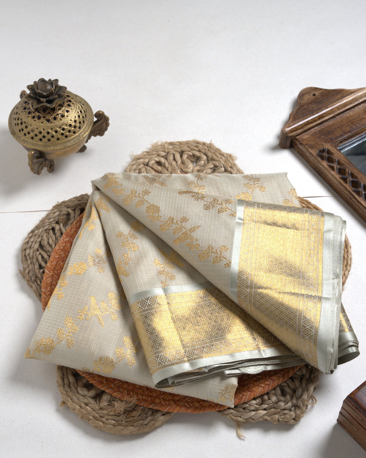 Ivory Off-White Kota Cotton Saree with Gold Zari