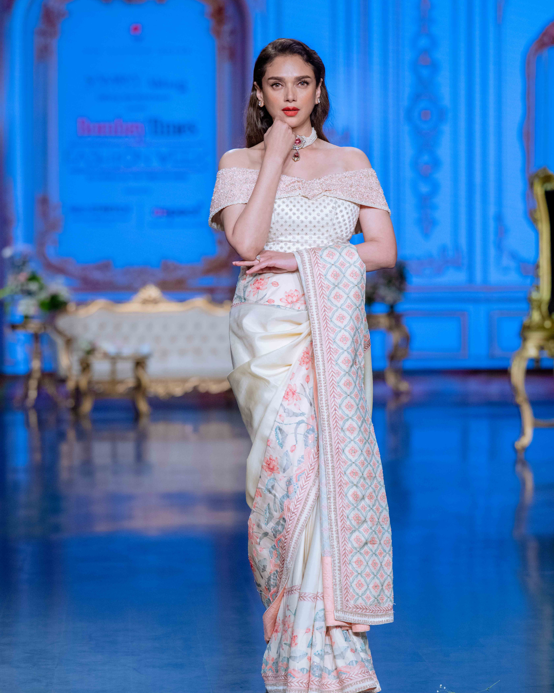 Ivory Blush Hand-Painted Embroidered Kanjivaram Silk Saree - Blooming Heiress - Look 1