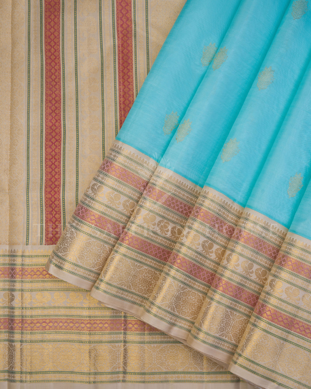 Handloom Pure Kanjivaram Silk Saree in Sky Blue And Beige - TSH250059