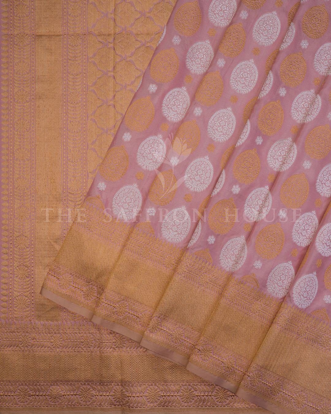 Peach Katan Kadwa Banarasi Saree with Antique Gold Zari