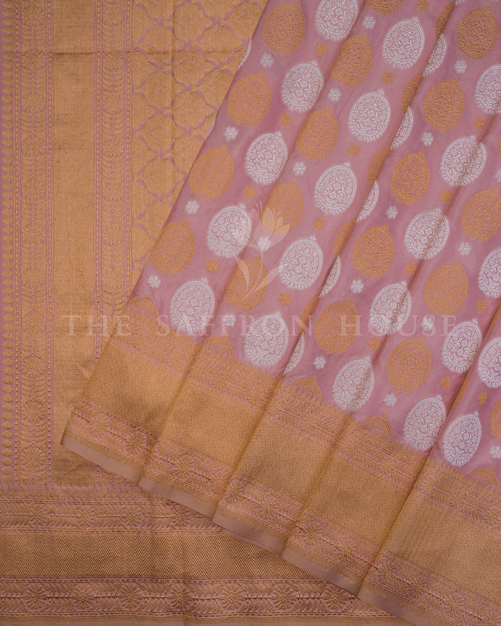 Peach Katan Kadwa Banarasi Saree with Antique Gold Zari