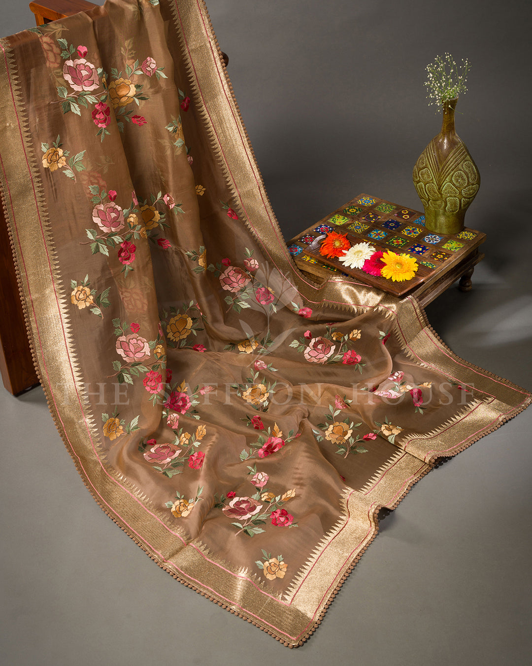 Brown Organza Saree with Multicolor Rose Embroidery & Temple Border