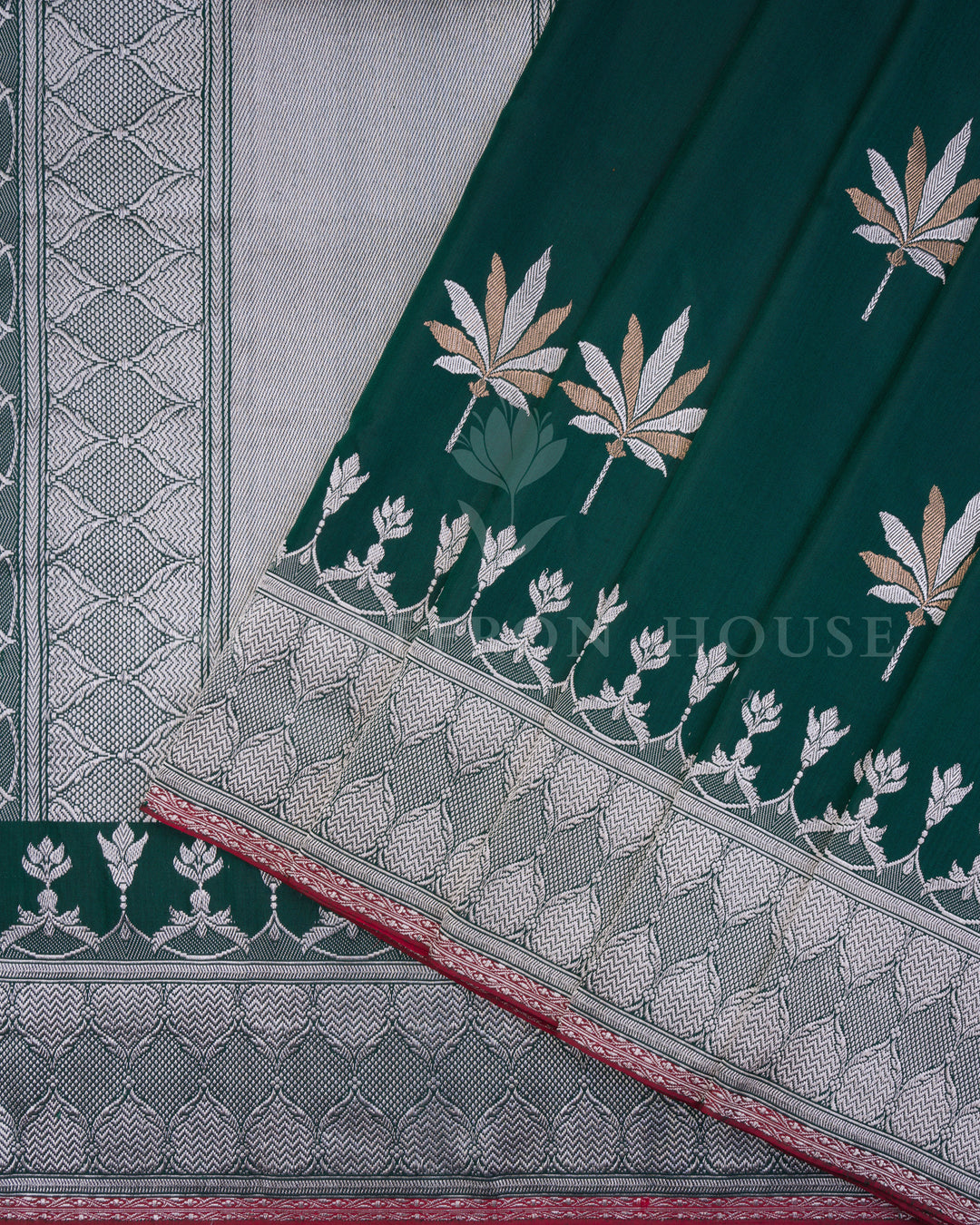 Bottle Green Katan Banarasi Saree with Silver Zari and Meenakari Palm Motifs