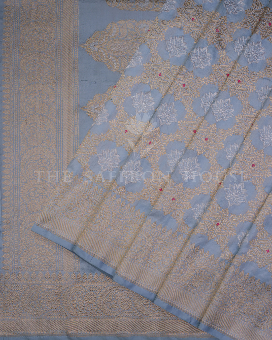 Sky Blue Katan Kadwa Banarasi Saree with Rosebud Motifs and Grand Zari Jaal