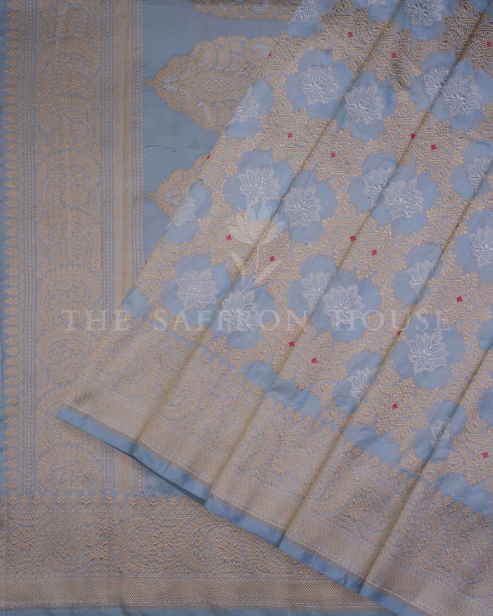 Sky Blue Katan Kadwa Banarasi Saree with Rosebud Motifs and Grand Zari Jaal