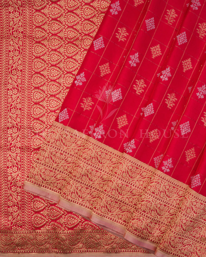 Ruby Red Katan Kadwa Banarasi Saree with Gold Zari Checkered Buttas
