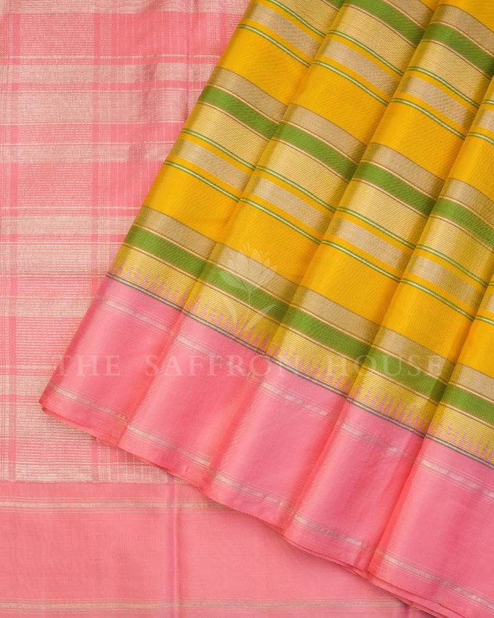 Handloom Kanjivaram Silk Saree in Yellow and Peach  - TSH250195