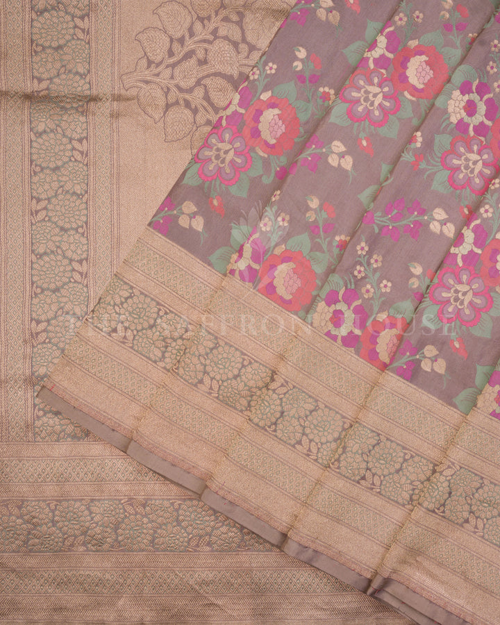 Dusty Mauve Katan Silk Banarasi Saree with Floral Kadwa Weave and Gold Zari Border