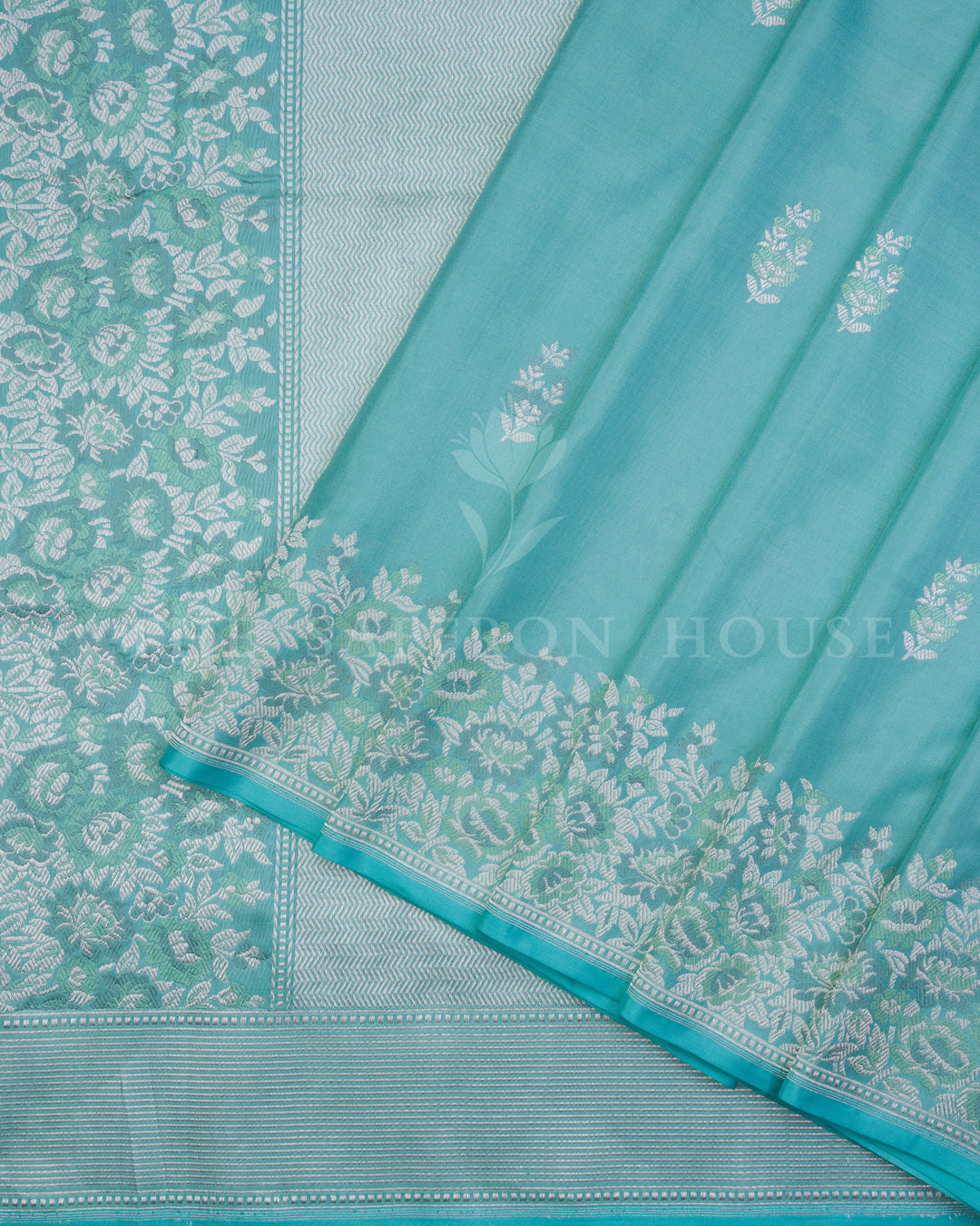 Kathan Banarasi Silk Saree in Seafoam Blue with Silver Zari Floral Meenakari Jaal