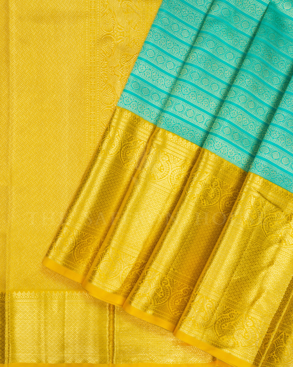 Aqua Green And Mustard Yellow Handwoven Kanjivaram Silk Saree - TSH2506040-view2