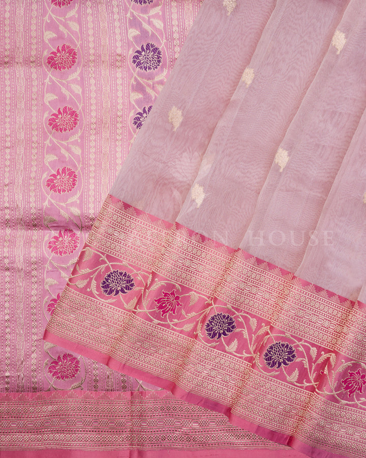 Rose Pink and Violet Floral Kora Banarasi Saree with Gold Zari