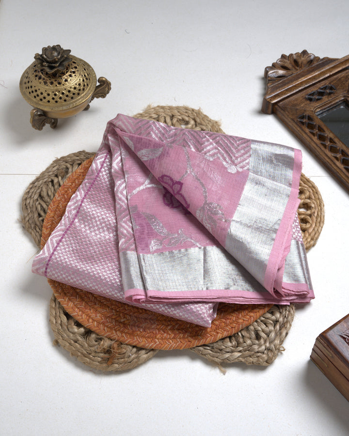 Blush Pink Kota Silk Saree with Silver Zari