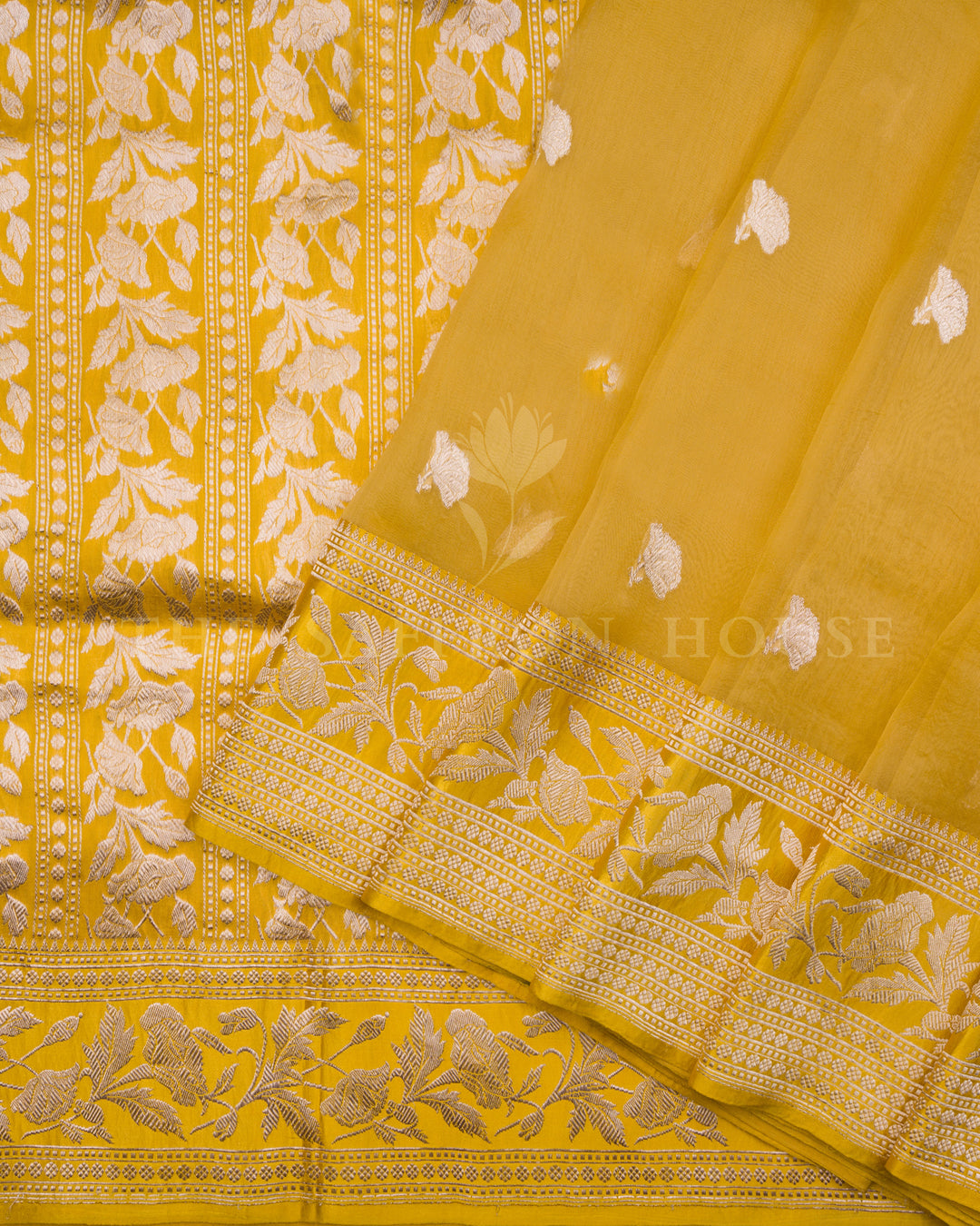 Marigold Yellow Kora Banarasi Saree with Silver Zari Floral Vines