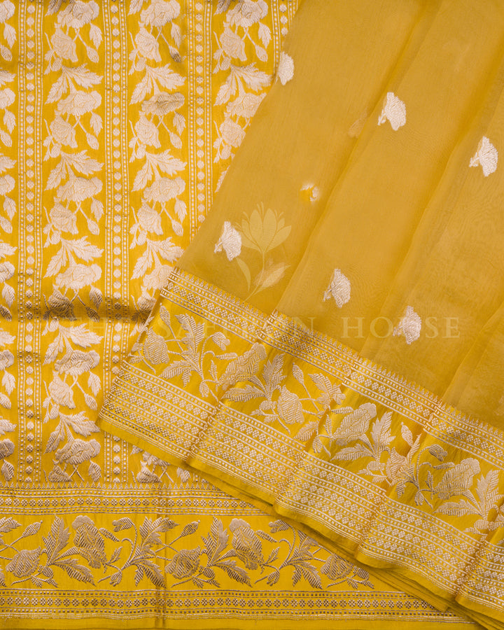 Marigold Yellow Kora Banarasi Saree with Silver Zari Floral Vines