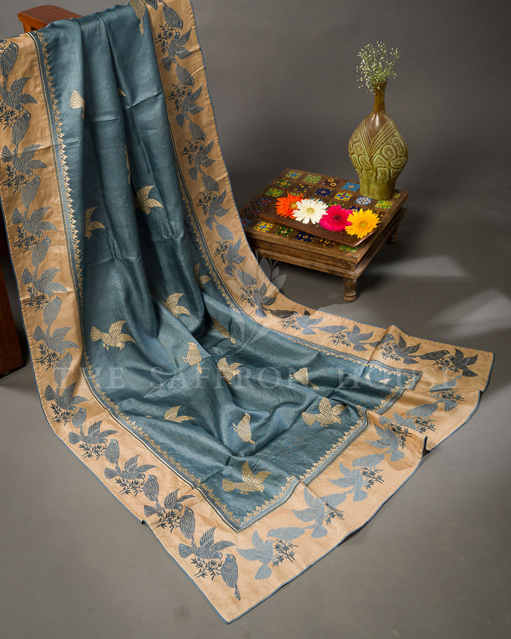 Steel Blue Tussar Silk Saree with Gold Bird Embroidery
