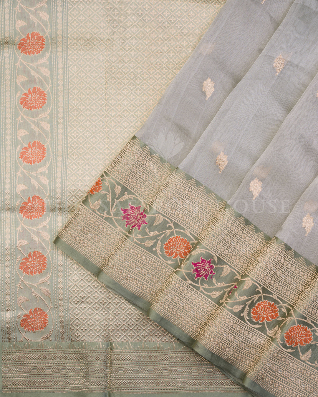 Mint Green Kora Banarasi Saree with Peach and Magenta Floral Zari Border
