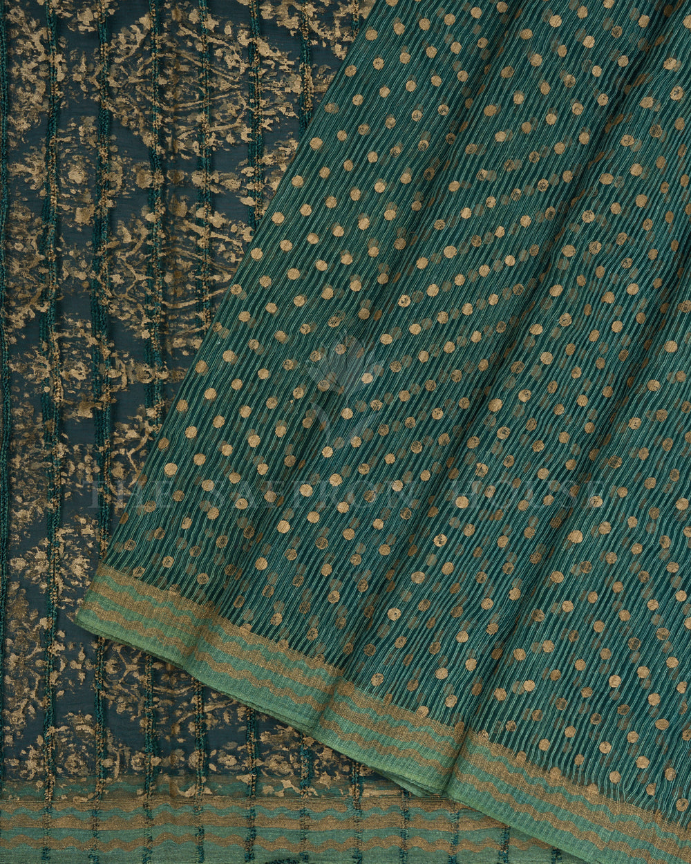 Sea Blue Handwoven Tussar Organza Saree With Golden Zari Stripes - TSH2506078-view3