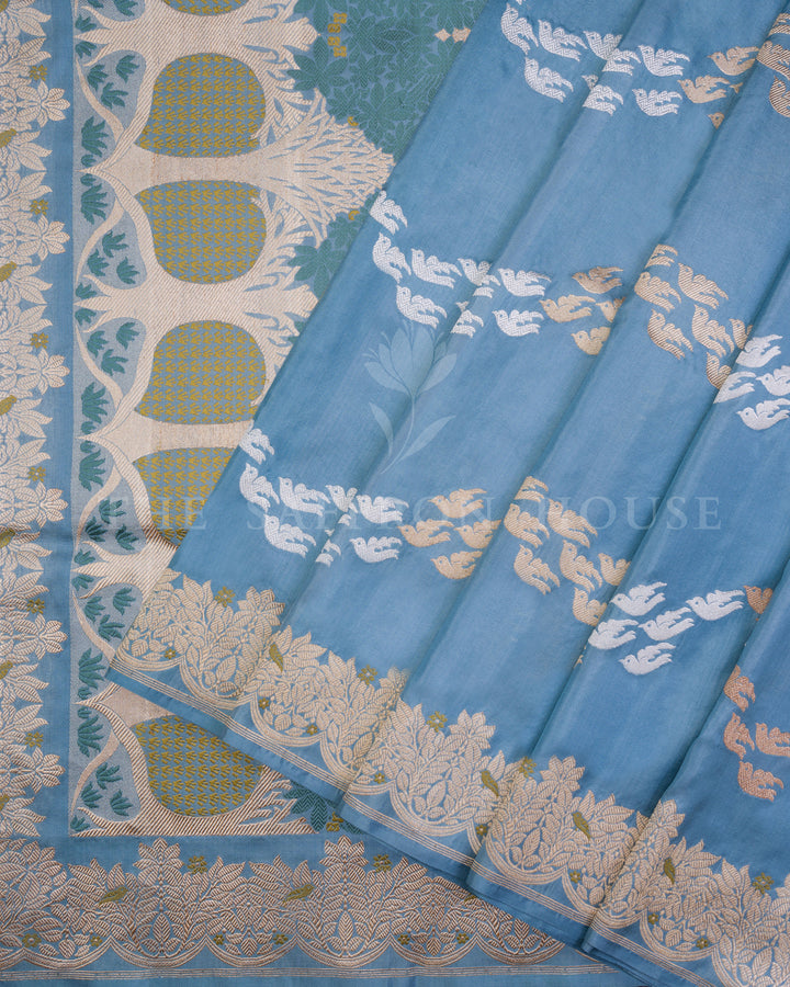 Sky Blue Katan Meenakari Banarasi Saree with Flying Bird Motifs and Jungle Border
