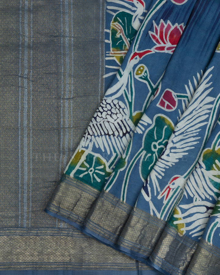 Blueish Grey Printed Kanjivaram Silk Saree - TSH8460019-view2