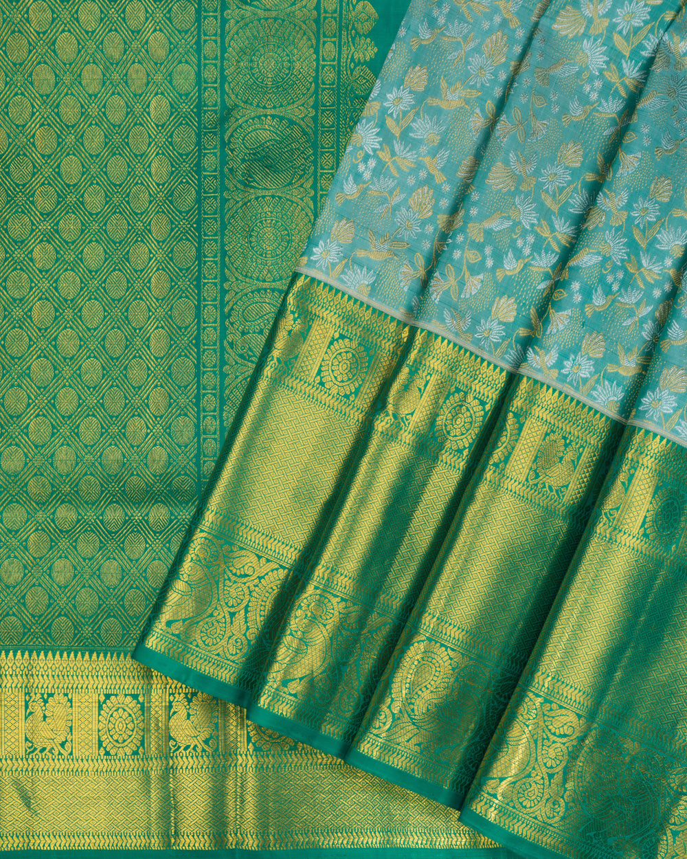 Mint Green And Green Handwoven Kanjivaram Silk Saree - TSH2506037- view2