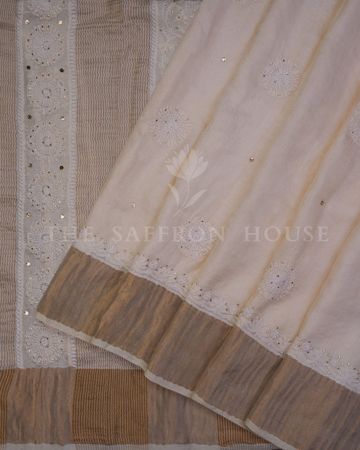 Beige Tussar Silk Chikankari Saree with Hand-Embroidered Paisley Motifs
