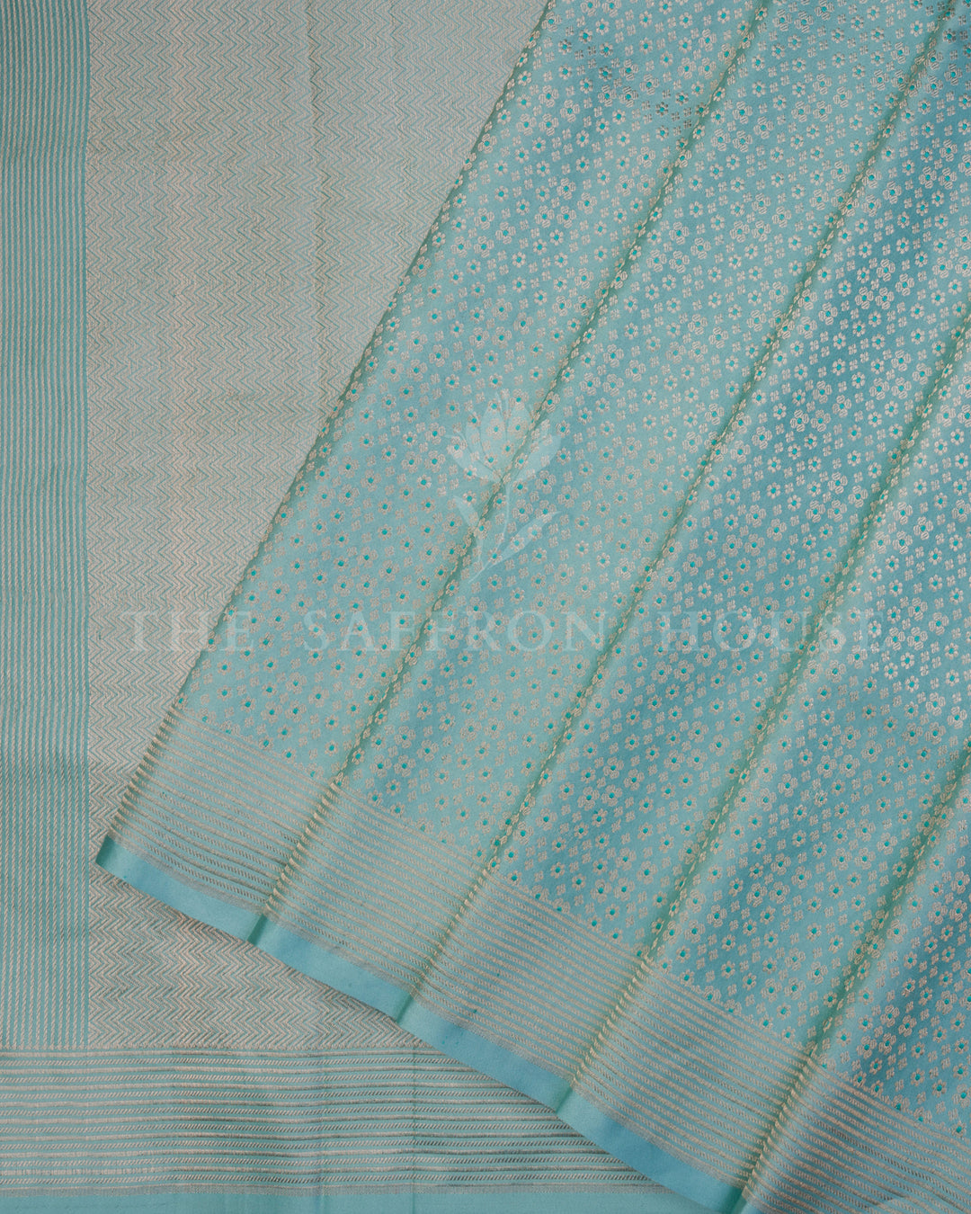 Aqua Blue Mashru Banarasi Saree with Zari Butis and Chevron Pallu