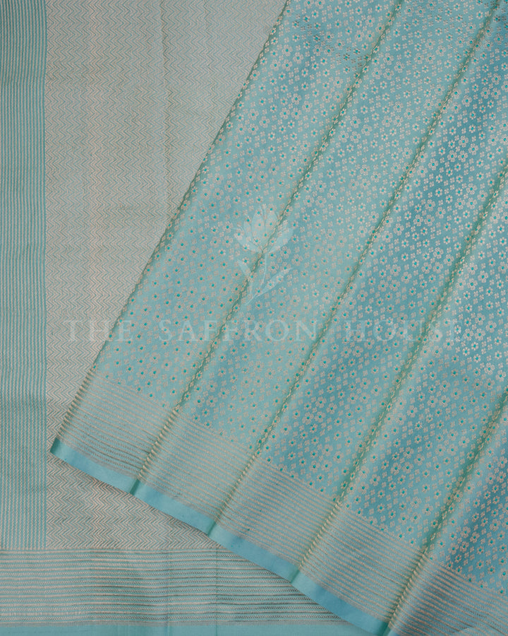 Aqua Blue Mashru Banarasi Saree with Zari Butis and Chevron Pallu
